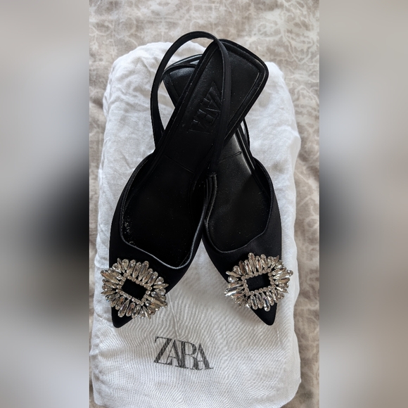 Zara Black Slingback Kitten Heels with Crystal Embellishments - Picture 4 of 5